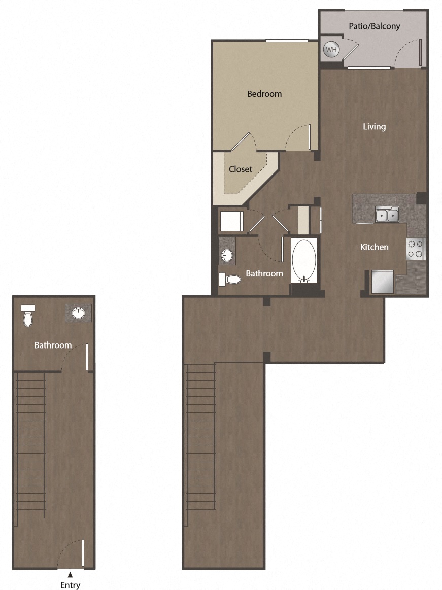 Floor plan for 1 bed, 1.5 baths, 1192 sqft